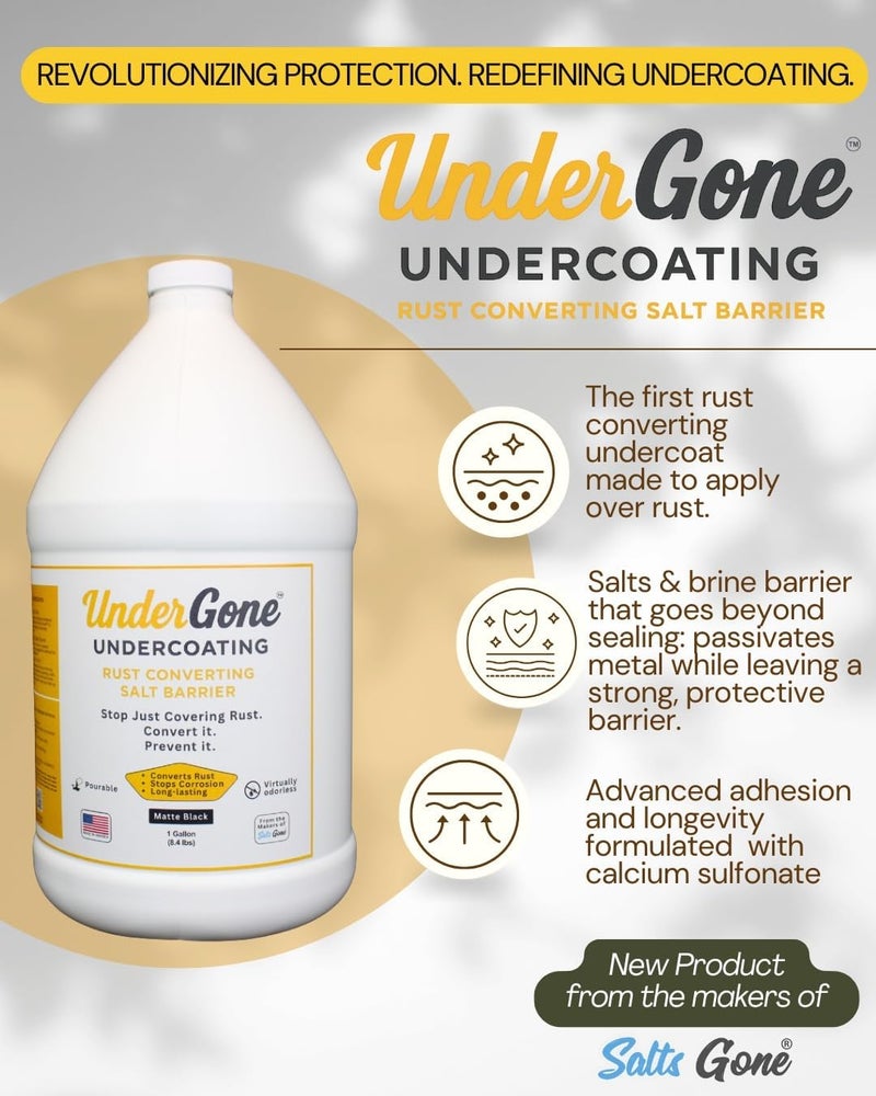 Salts Gone Under Gone™ Rust Converting Undercoating, Calcium Sulfonate Formula, Salt & Brine Barrier Protection For Vehicles, Trucks, SUVs, Trailers, Color: Matte Black (1 Gallon) - Image 1